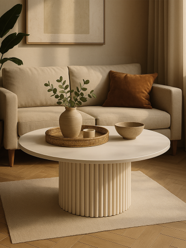 beige round coffee table with grooved base