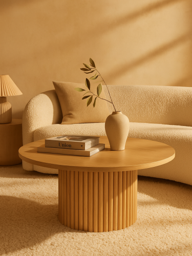 Modern wooden coffee table with a grooved base