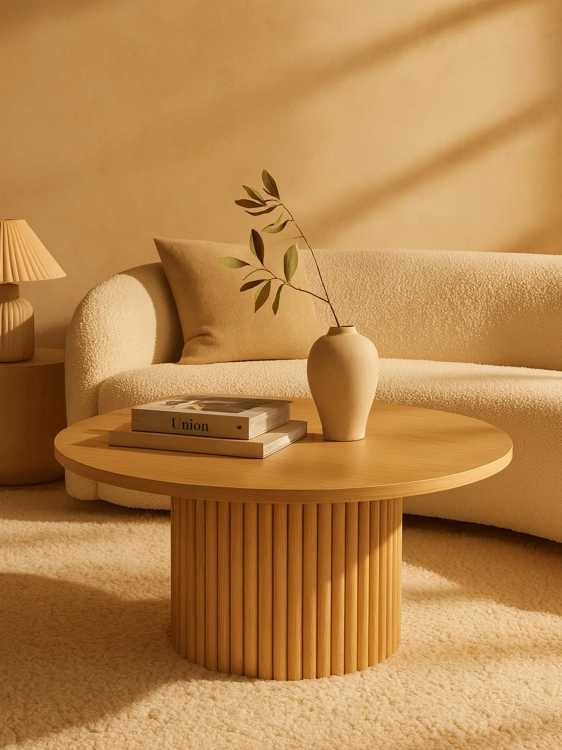Modern wooden coffee table with a grooved base