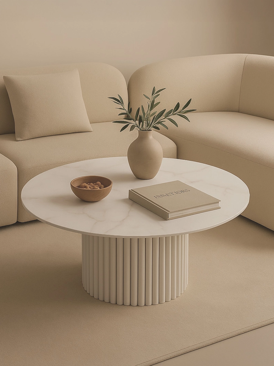 White round table with a stone top and an original grooved base