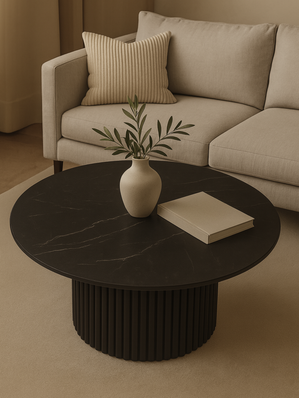 Stylish black table with stone top and grooved base for an elegant interior