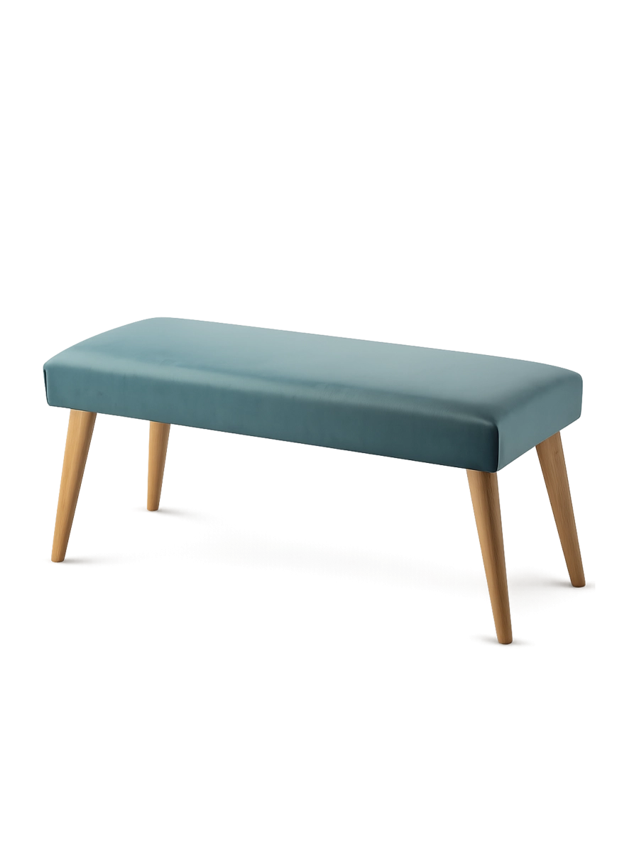 Stylish mint-colored bench with upholstery and wooden base, perfect for a living room or hallway