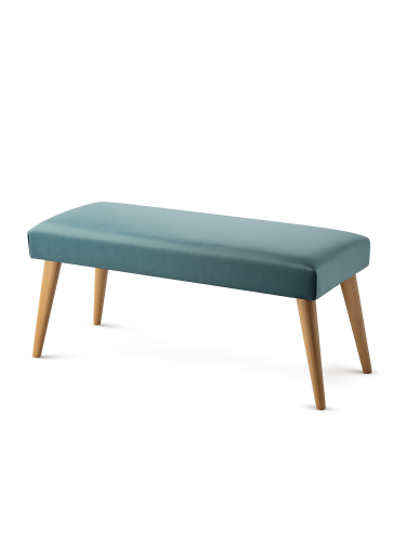 Stylish mint-colored bench with upholstery and wooden base, perfect for a living room or hallway