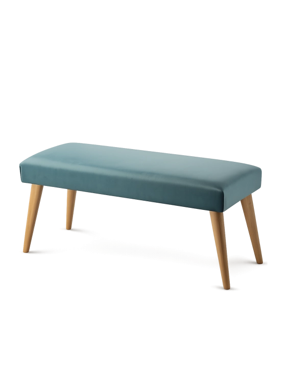 Stylish mint-colored bench with upholstery and wooden base, perfect for a living room or hallway