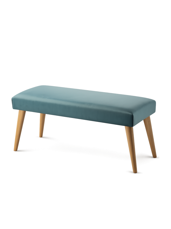 Stylish mint-colored bench with upholstery and wooden base, perfect for a living room or hallway