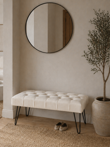 Cream quilted bench with designer pin legs
