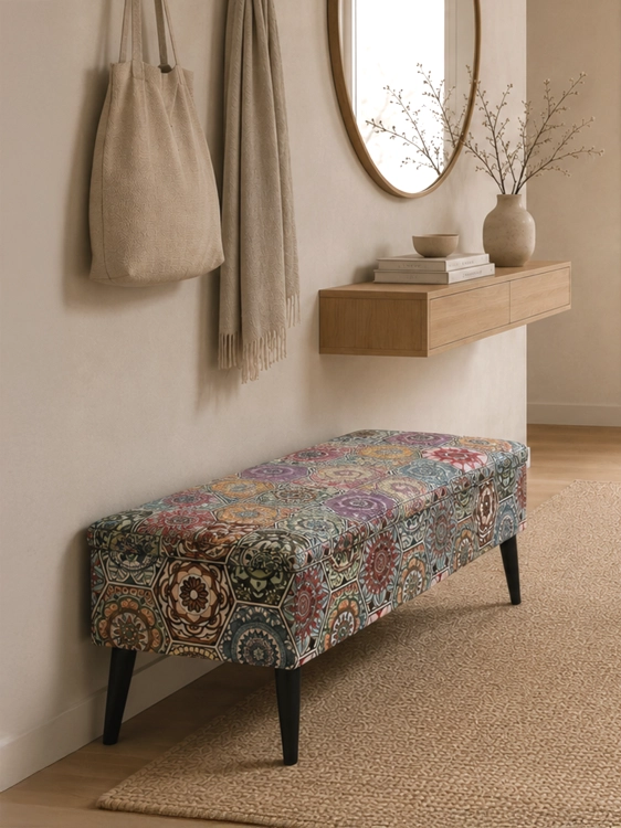 patterned upholstered storage pouffe with black legs
