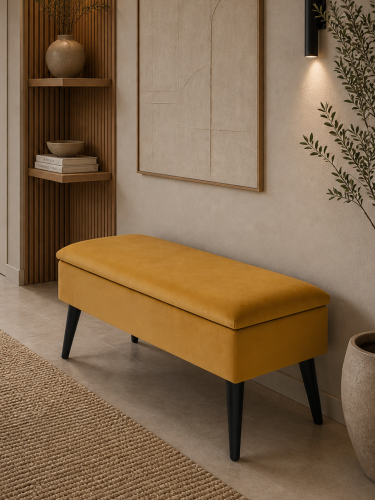 yellow upholstered hall pouffe with storage