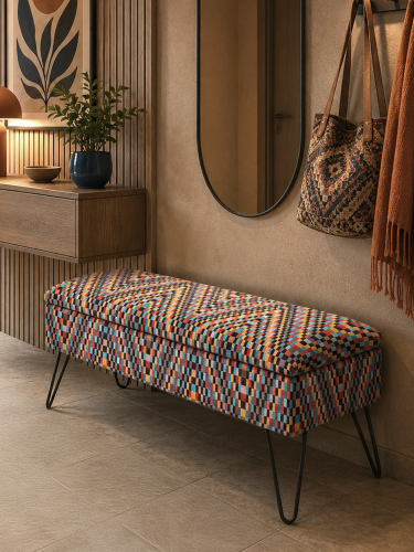 Colourful pouffe with storage and pin legs