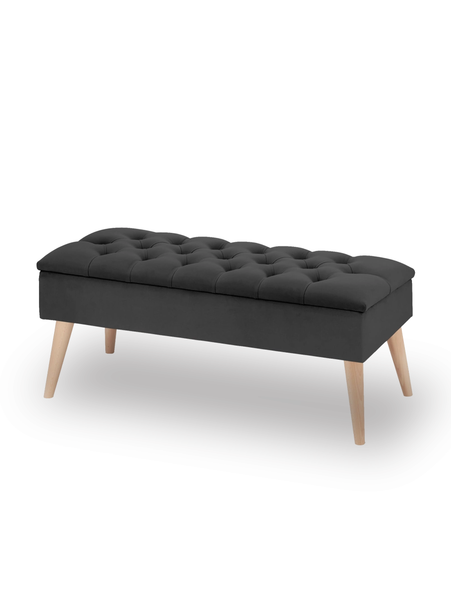 Quilted graphite retro pouf with storage – an elegant and practical piece of furniture for the living room.