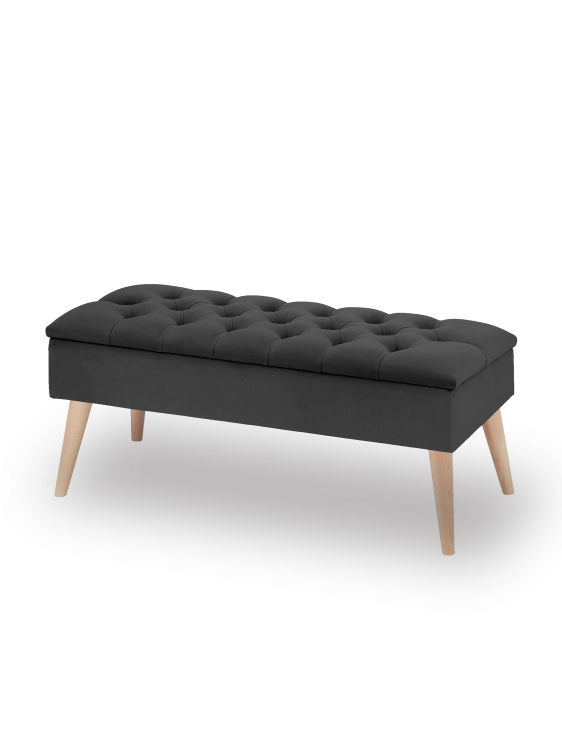 Quilted graphite retro pouf with storage – an elegant and practical piece of furniture for the living room.