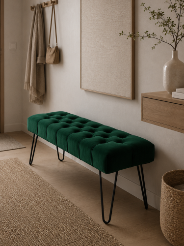 Quilted green bench on metal legs