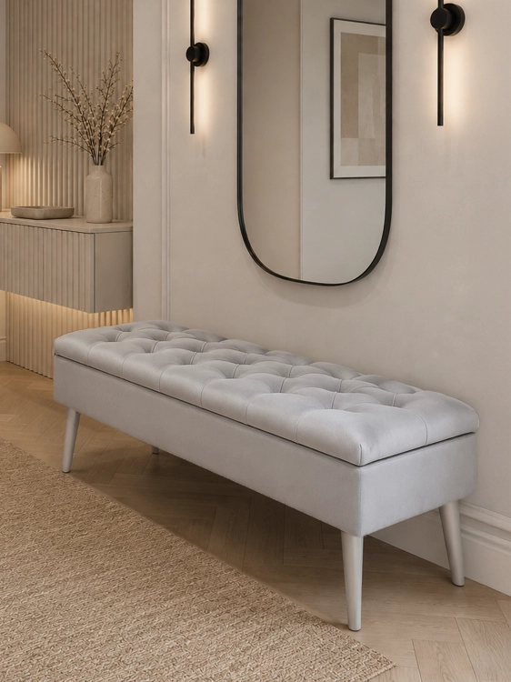 Light grey quilted pouffe with storage, comfortable and functional for the living room