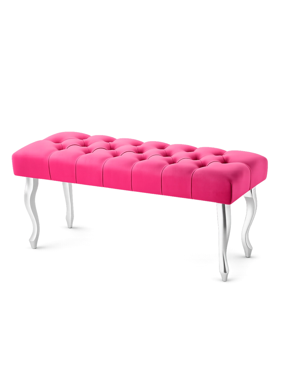 An elegant, quilted bench in an intense fuchsia color with silver legs.