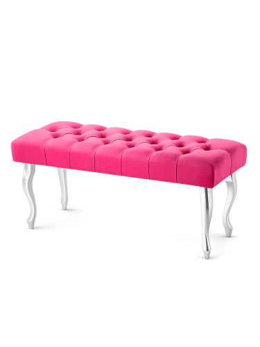 An elegant, quilted bench in an intense fuchsia color with silver legs.