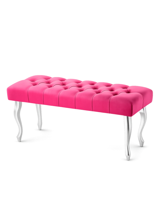 An elegant, quilted bench in an intense fuchsia color with silver legs.