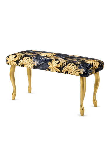 Patterned upholstered bench with gold legs