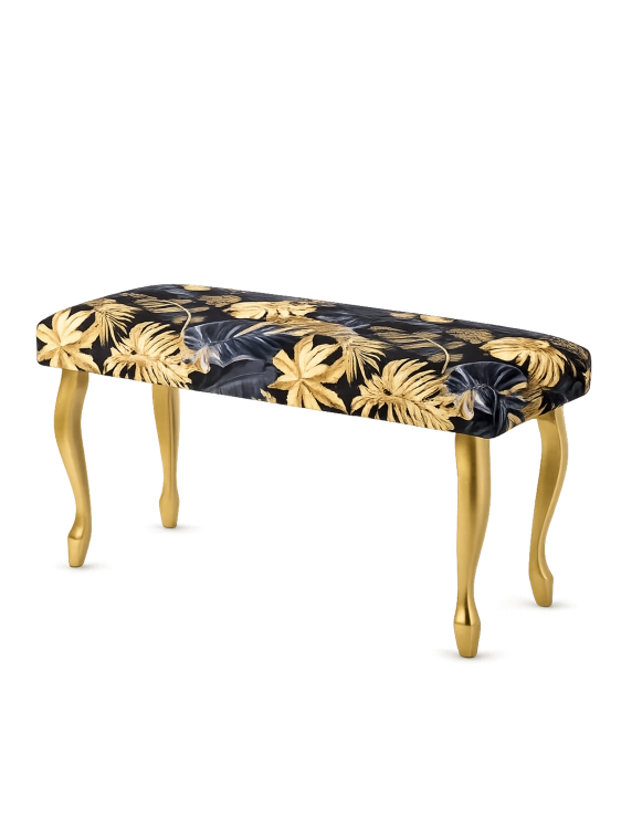 Patterned upholstered bench with gold legs