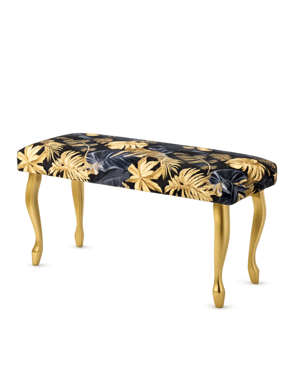 Patterned upholstered bench with gold legs