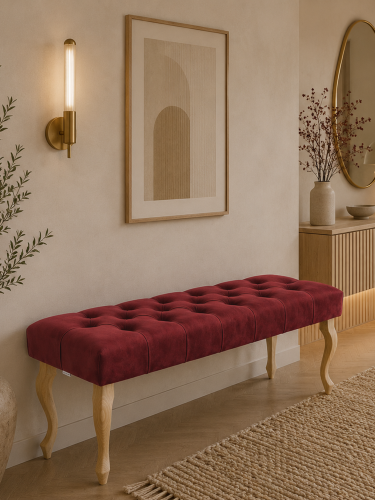 Burgundy tufted upholstered bench with natural wood legs