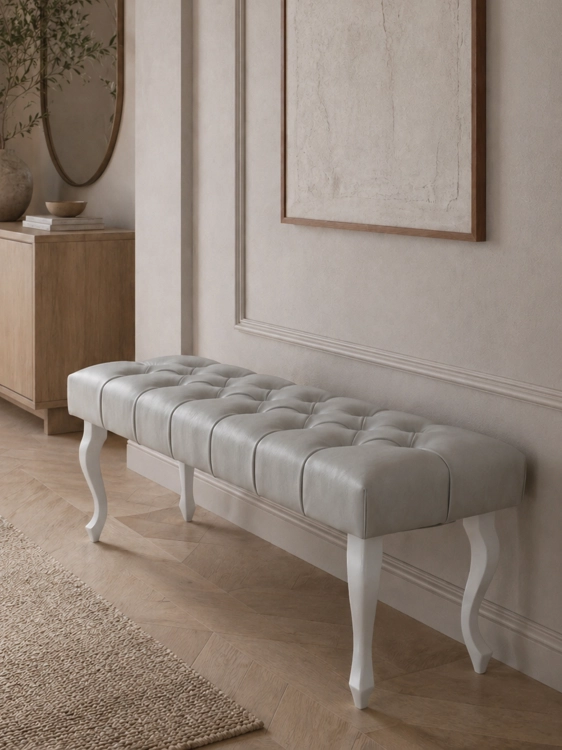 Chesterfield leather bench in grey, quilted, classic style
