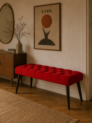 Elegant red quilted bench - perfect for a living room, bedroom or hallway