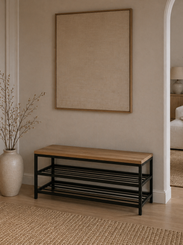 Industrial bench with wooden top and shelves below
