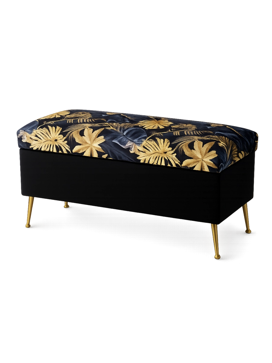Quilted pouffe with storage, black with gold leaf motif