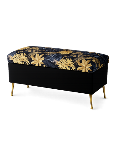 Quilted pouffe with storage, black with gold leaf motif