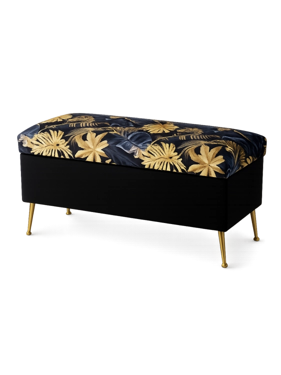 Quilted pouffe with storage, black with gold leaf motif