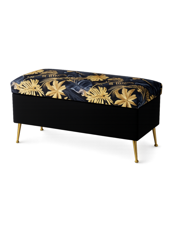 Quilted pouffe with storage, black with gold leaf motif