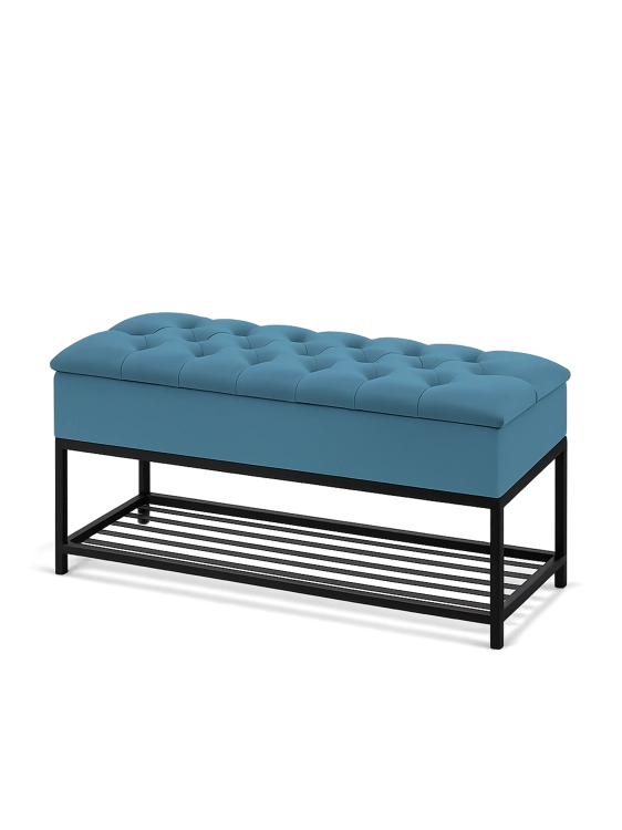 Stylish quilted pouffe with practical sea green storage and steel legs