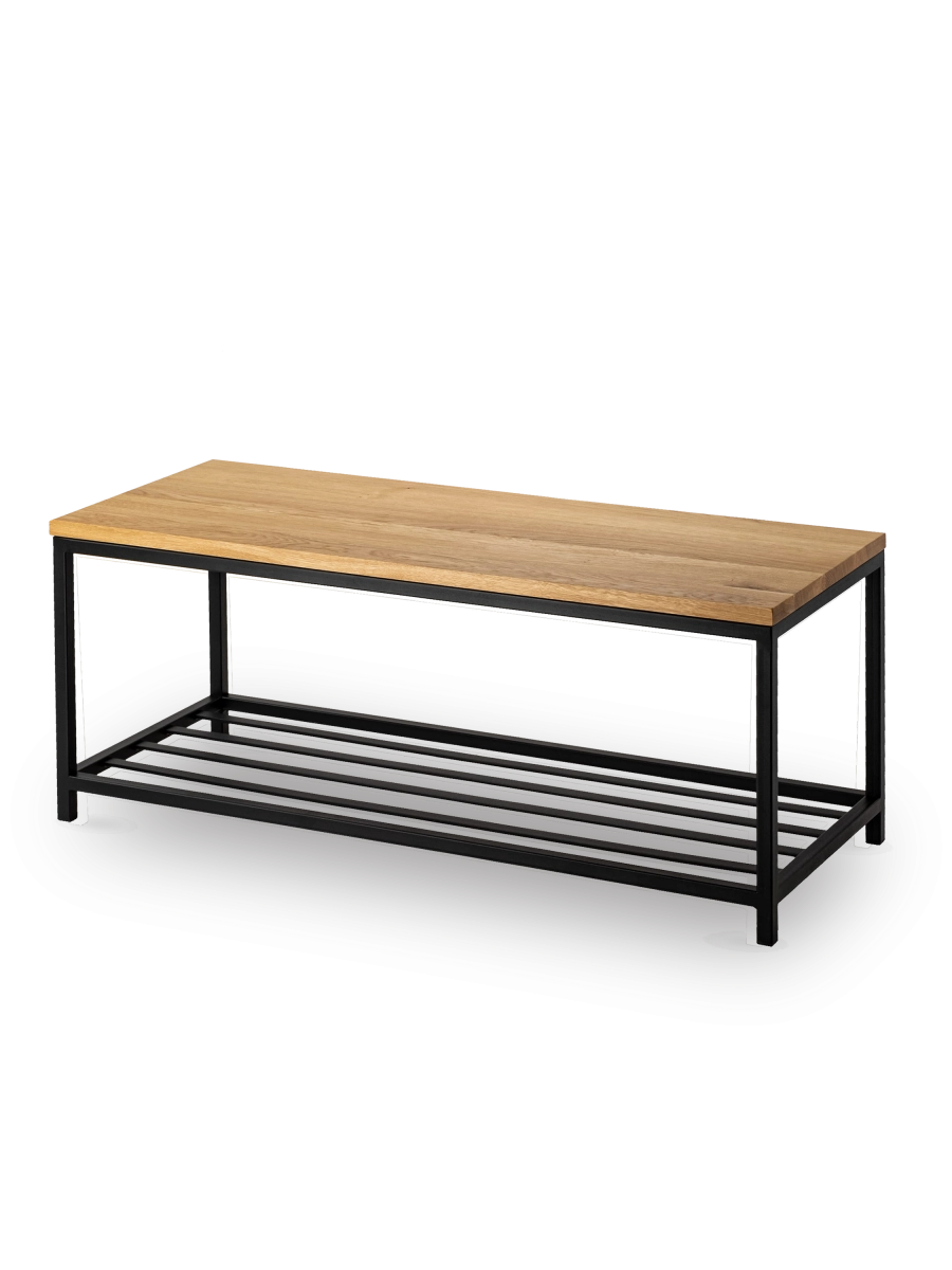 Metal bench with shoe shelf and wooden top, ideal for loft interiors