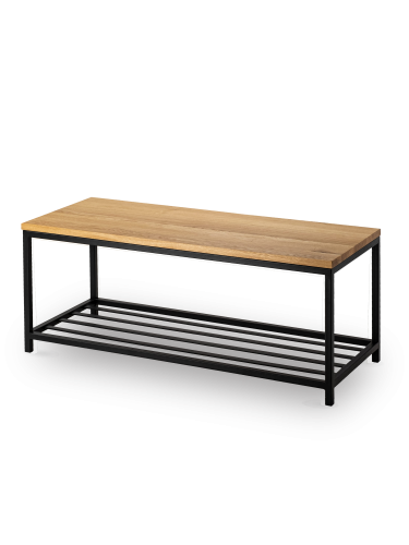 Metal bench with shoe shelf and wooden top, ideal for loft interiors