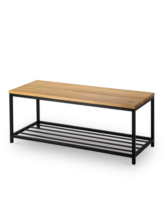 Metal bench with shoe shelf and wooden top, ideal for loft interiors