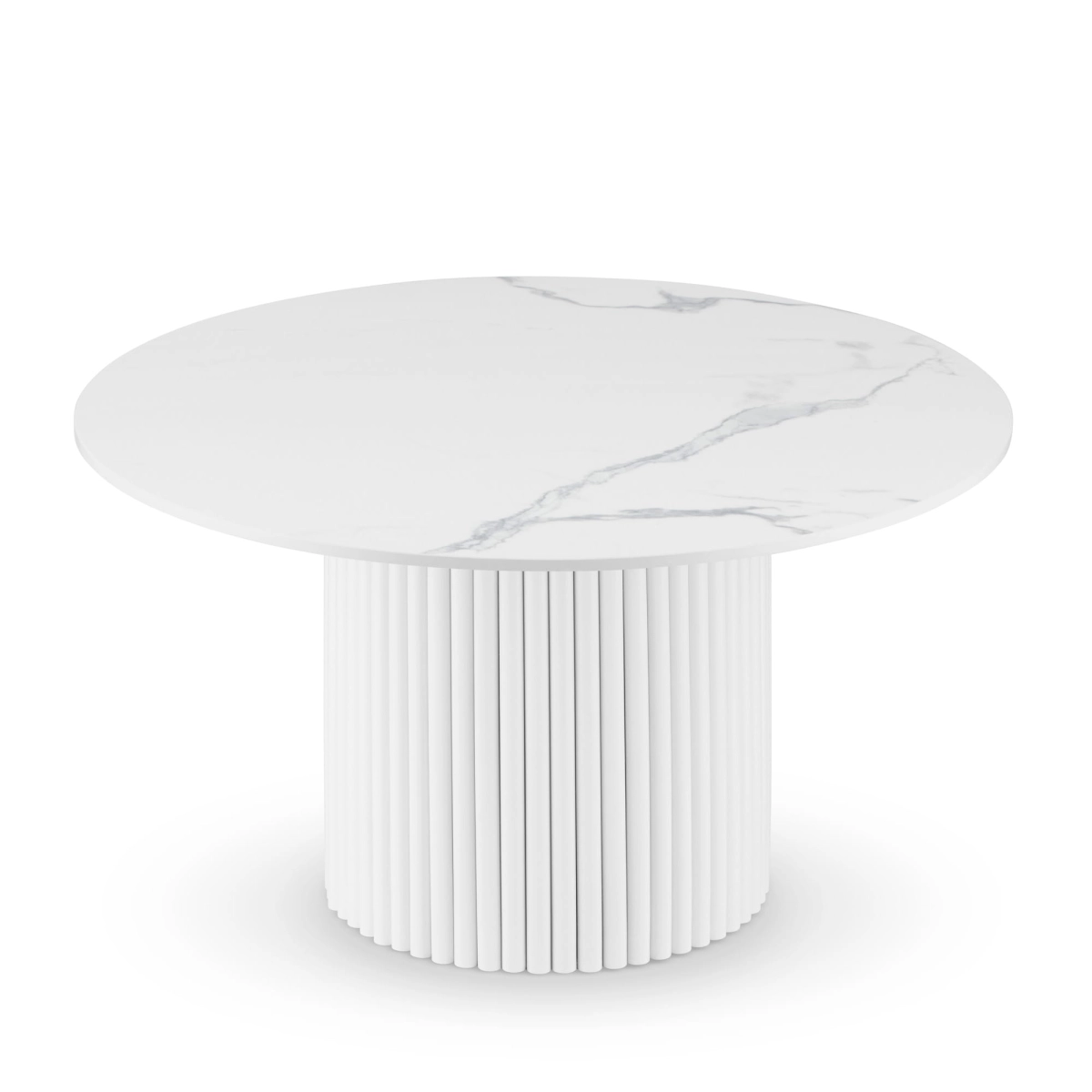 Round white table with stone top and decorative grooved base