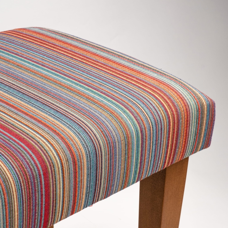 Striped upholstered bench with wooden legs