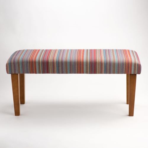 Striped bench on wooden legs