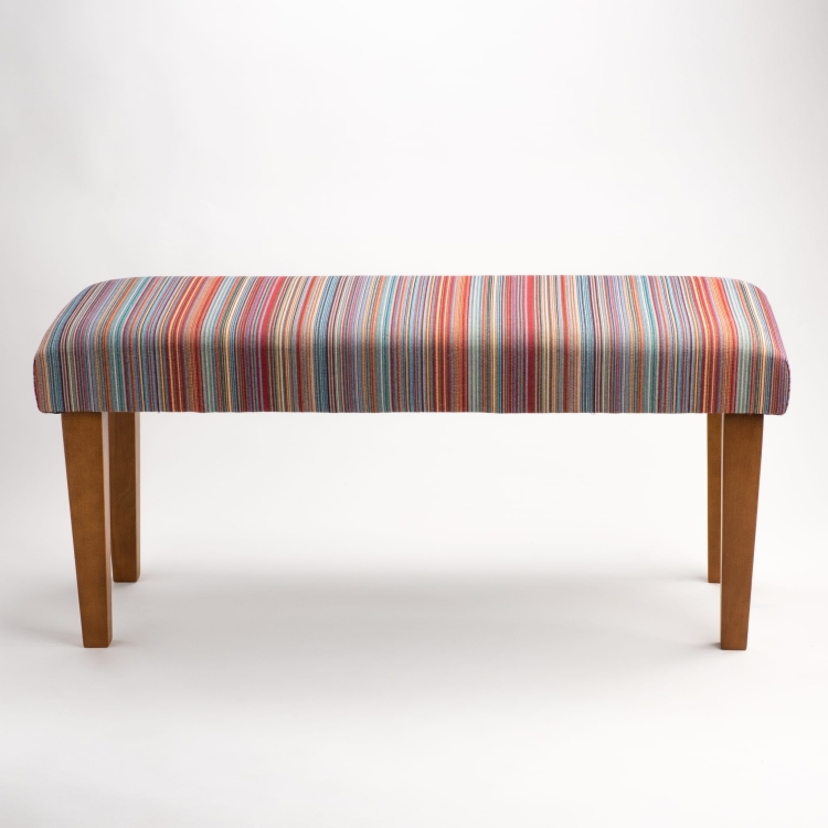 Striped bench on wooden legs