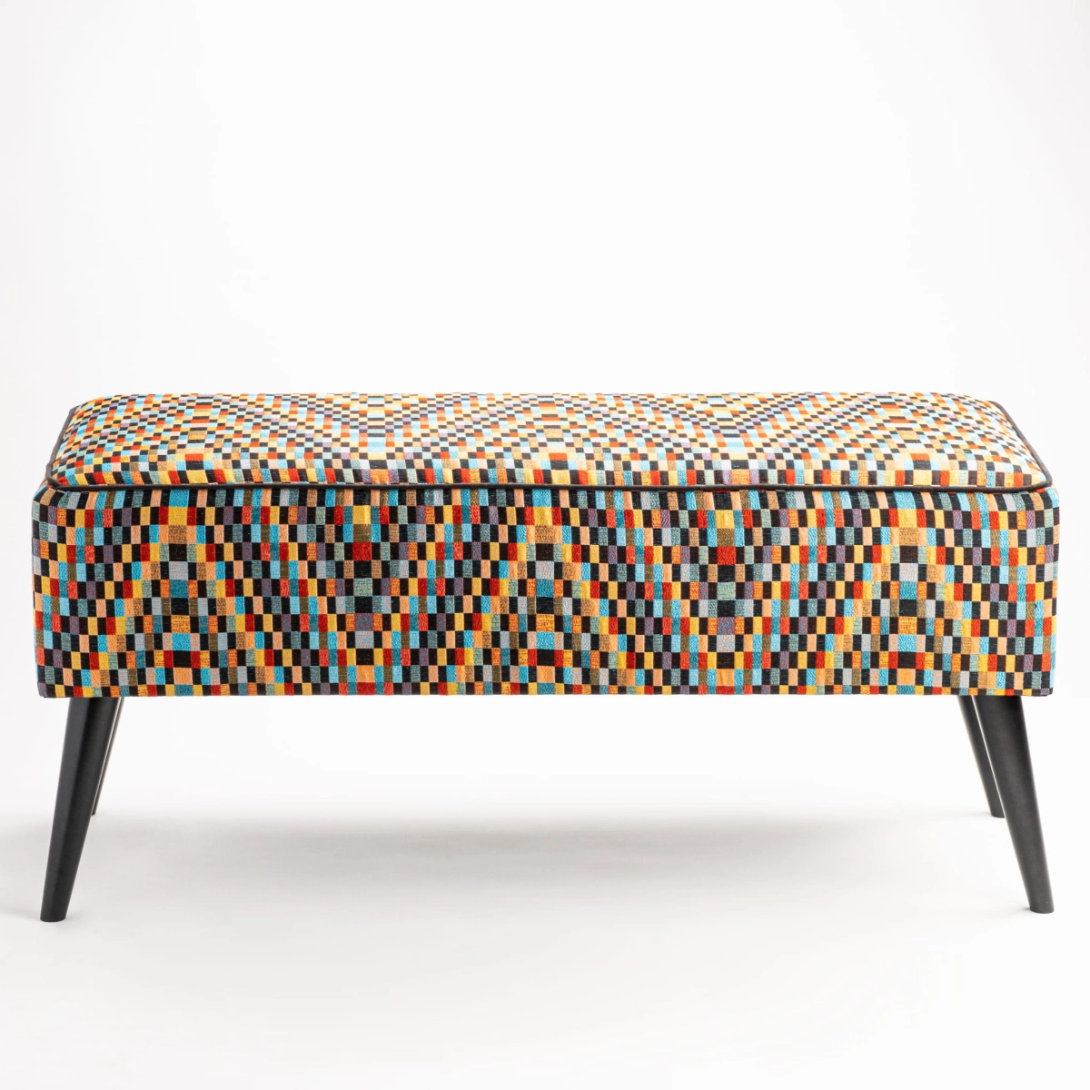 upholstered colorful hall bench on black legs