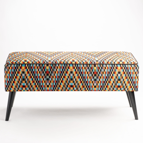 upholstered colorful hall bench on black legs