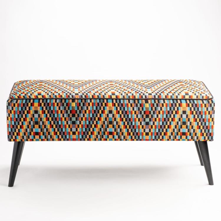 upholstered colorful hall bench on black legs