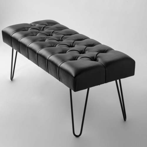 Black leather bench in black on metal legs
