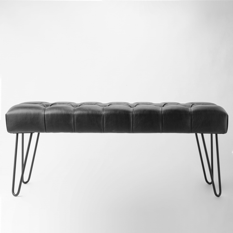 Black leather bench in black on metal legs