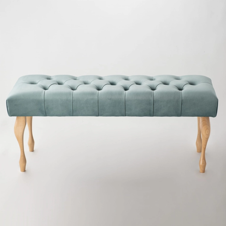 Elegant mint quilted bench with wooden legs ideal for living room, bedroom or hallway