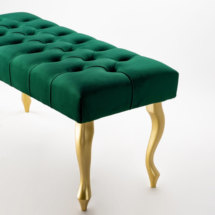 Modern bench in bottle green with gold legs