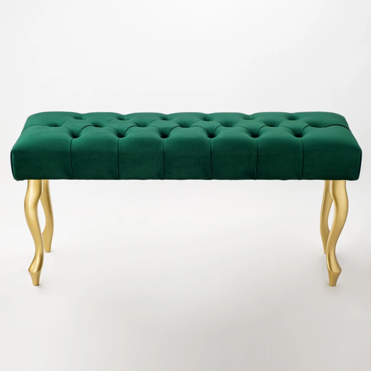 Quilted bench in bottle green with gold legs