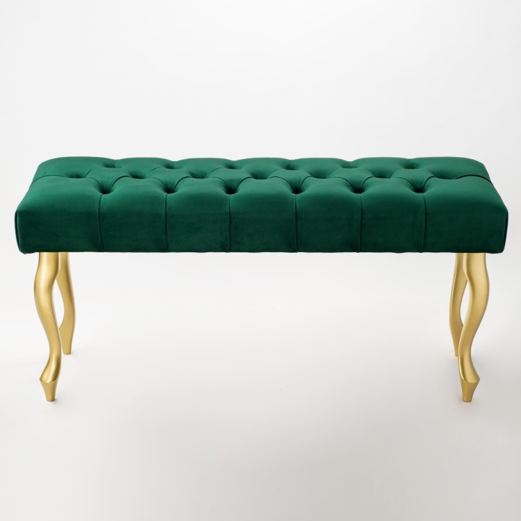 Quilted bench in bottle green with gold legs