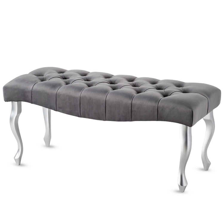 gray quilted bench on wooden white legs