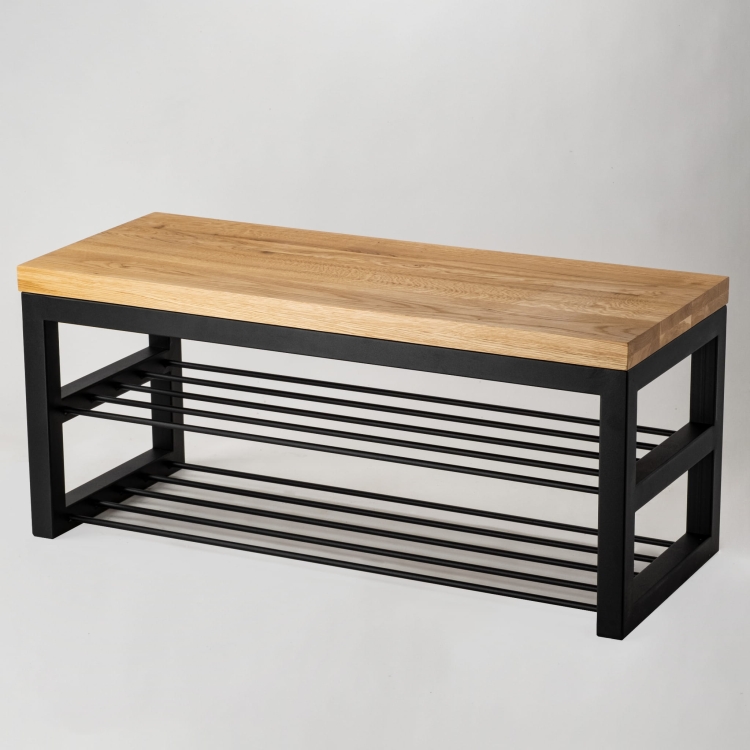 Industrial bench with wooden top and metal base